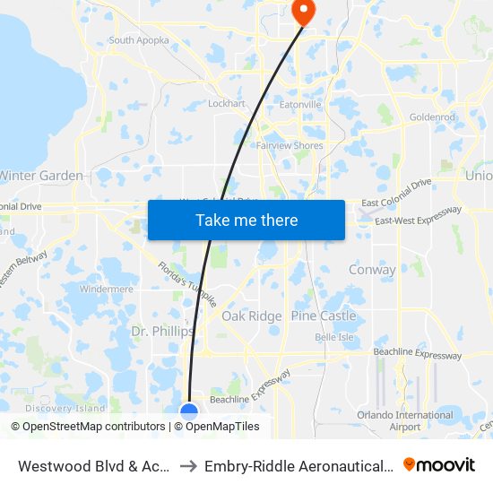 Westwood Blvd & Academic Dr (Hilton Garden Inn) to Embry-Riddle Aeronautical University (Metro Orlando Campus) map
