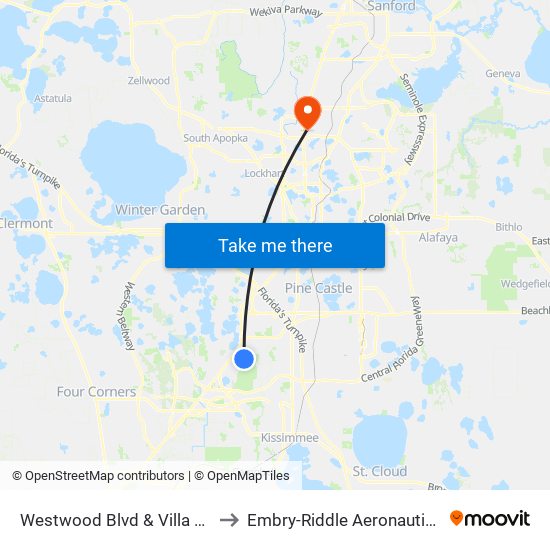 Westwood Blvd & Villa De Costa Dr (Westgate Leisure Resort) to Embry-Riddle Aeronautical University (Metro Orlando Campus) map