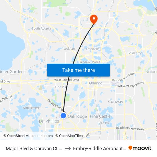 Major Blvd & Caravan Ct (Holiday Inn & Suites / Clarion Inn & Suites) to Embry-Riddle Aeronautical University (Metro Orlando Campus) map