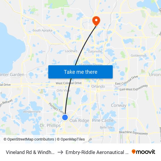 Vineland Rd & Windhover Dr (Best Western Plus) to Embry-Riddle Aeronautical University (Metro Orlando Campus) map