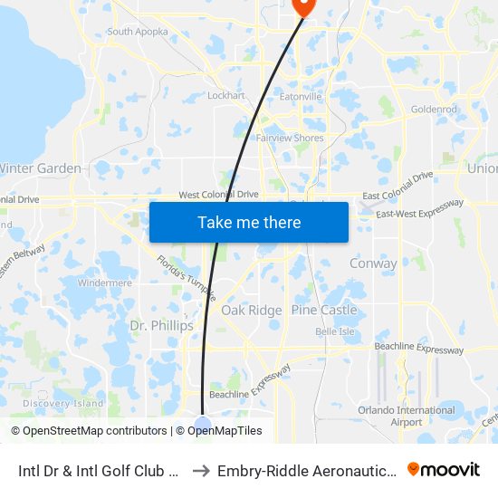 Intl Dr & Intl Golf Club Rd (Marriott’S Grande Vista Resort) to Embry-Riddle Aeronautical University (Metro Orlando Campus) map