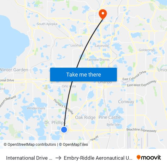 International Drive And W Sand Lake Road to Embry-Riddle Aeronautical University (Metro Orlando Campus) map