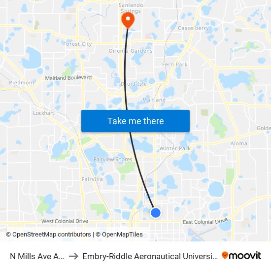 N Mills Ave And Weber St to Embry-Riddle Aeronautical University (Metro Orlando Campus) map