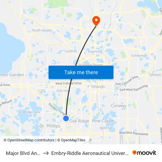 Major Blvd And Vineland Rd to Embry-Riddle Aeronautical University (Metro Orlando Campus) map