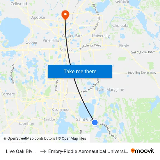 Live Oak Blvd And Us192 to Embry-Riddle Aeronautical University (Metro Orlando Campus) map