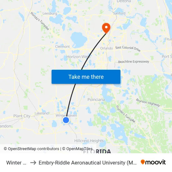 Winter Haven to Embry-Riddle Aeronautical University (Metro Orlando Campus) map