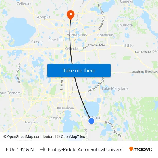E Us 192 & New York Ave to Embry-Riddle Aeronautical University (Metro Orlando Campus) map
