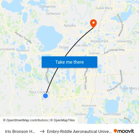 Irlo Bronson Hwy & Legacy Blvd to Embry-Riddle Aeronautical University (Metro Orlando Campus) map