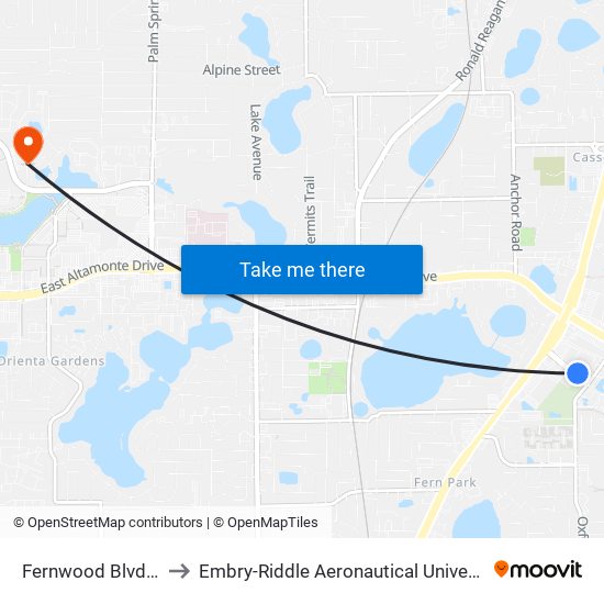 Fernwood Blvd And Oxford Rd to Embry-Riddle Aeronautical University (Metro Orlando Campus) map