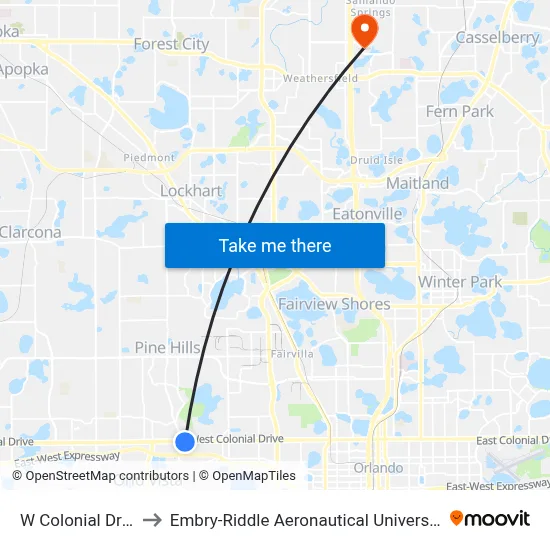 W Colonial Dr & Walkup Dr to Embry-Riddle Aeronautical University (Metro Orlando Campus) map
