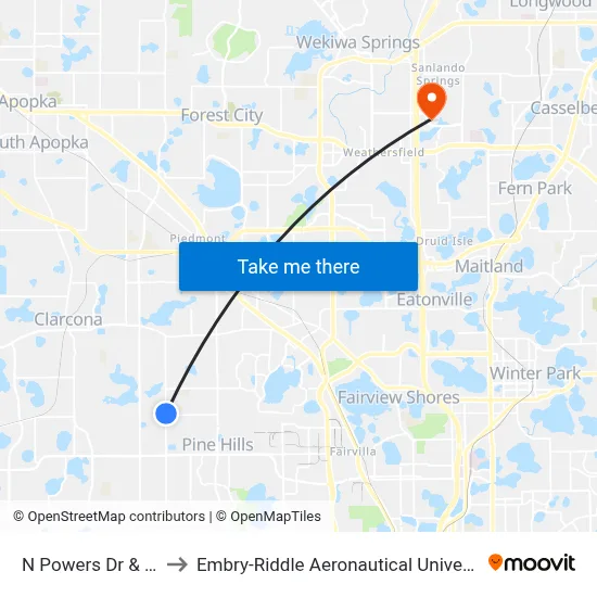 N Powers Dr & Breezewood St to Embry-Riddle Aeronautical University (Metro Orlando Campus) map