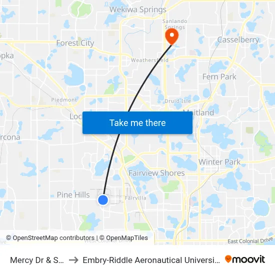 Mercy Dr & Silver Star Rd to Embry-Riddle Aeronautical University (Metro Orlando Campus) map