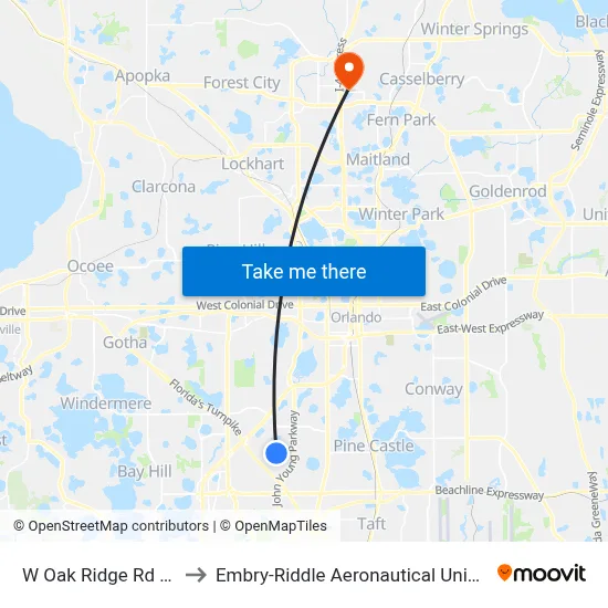 W Oak Ridge Rd & Singing Creek Ln to Embry-Riddle Aeronautical University (Metro Orlando Campus) map