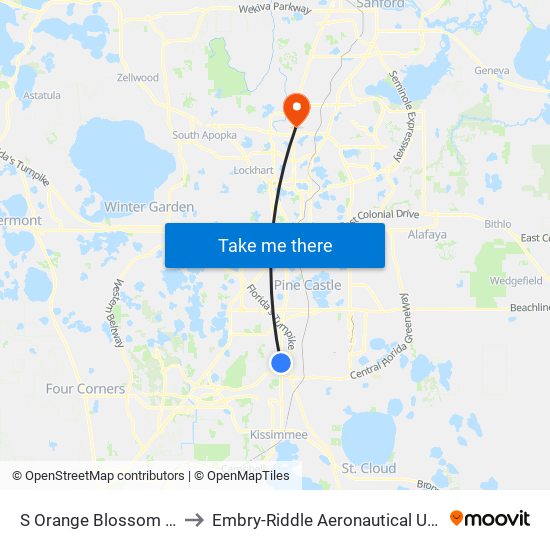 S Orange Blossom Trl And Ginger Mill Blvd to Embry-Riddle Aeronautical University (Metro Orlando Campus) map