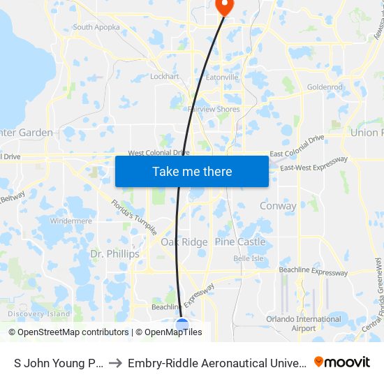 S John Young Pky And Lazlo Ln to Embry-Riddle Aeronautical University (Metro Orlando Campus) map