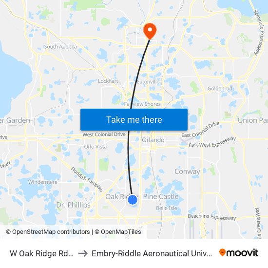 W Oak Ridge Rd And S Texas Ave to Embry-Riddle Aeronautical University (Metro Orlando Campus) map