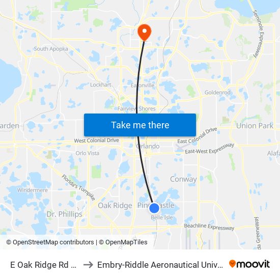 E Oak Ridge Rd And S Orange Ave to Embry-Riddle Aeronautical University (Metro Orlando Campus) map