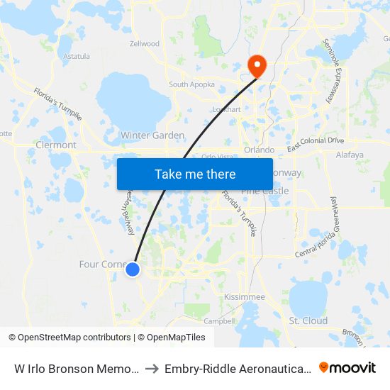 W Irlo Bronson Memorial Hwy And Orange Lake Blvd to Embry-Riddle Aeronautical University (Metro Orlando Campus) map