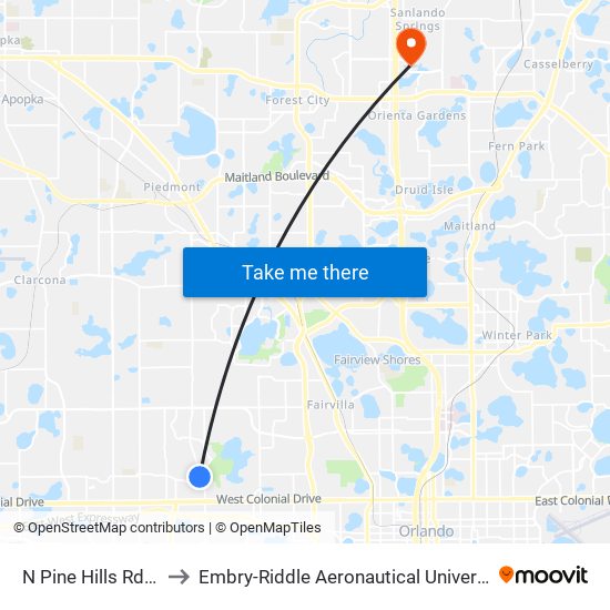 N Pine Hills Rd And Balboa Dr to Embry-Riddle Aeronautical University (Metro Orlando Campus) map