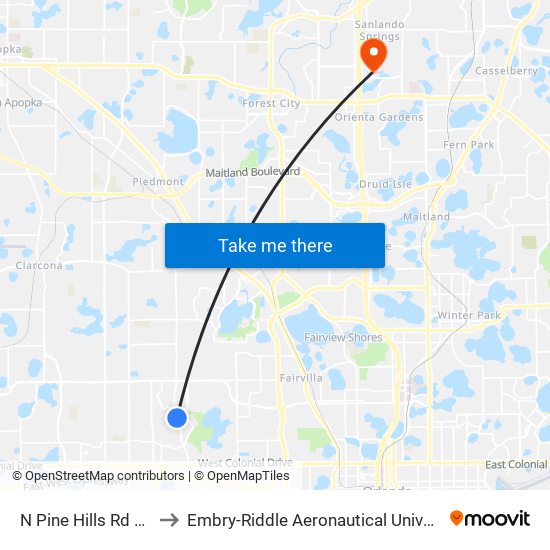 N Pine Hills Rd And Ferdinand Dr to Embry-Riddle Aeronautical University (Metro Orlando Campus) map