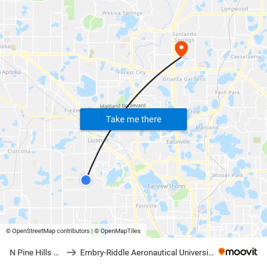 N Pine Hills Rd And Fir Dr to Embry-Riddle Aeronautical University (Metro Orlando Campus) map