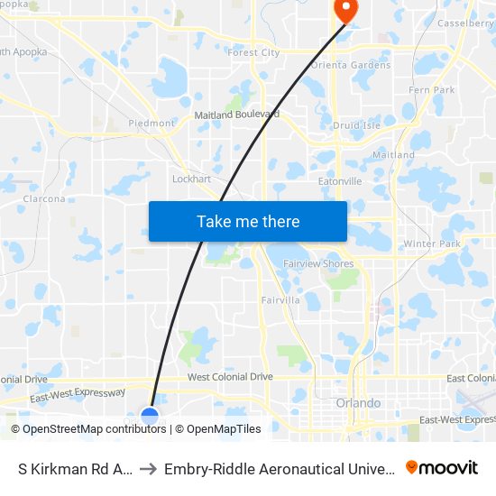 S Kirkman Rd And W Church St to Embry-Riddle Aeronautical University (Metro Orlando Campus) map