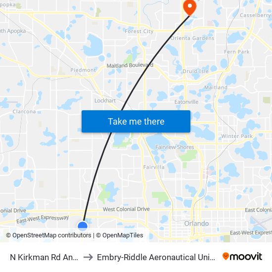 N Kirkman Rd And W Washington St to Embry-Riddle Aeronautical University (Metro Orlando Campus) map