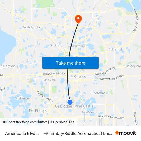 Americana Blvd And Pointe Vista Cir to Embry-Riddle Aeronautical University (Metro Orlando Campus) map