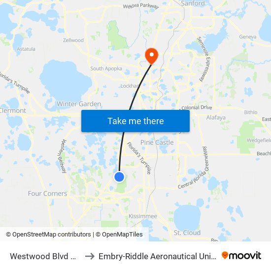 Westwood Blvd And Grand Banner Dr to Embry-Riddle Aeronautical University (Metro Orlando Campus) map