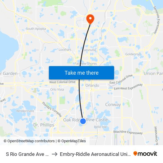 S Rio Grande Ave And W Oak Ridge Rd to Embry-Riddle Aeronautical University (Metro Orlando Campus) map