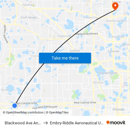 Blackwood Ave And Old Winter Garden Rd to Embry-Riddle Aeronautical University (Metro Orlando Campus) map