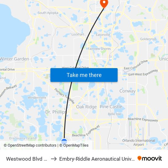 Westwood Blvd And Sea Harbor Dr to Embry-Riddle Aeronautical University (Metro Orlando Campus) map