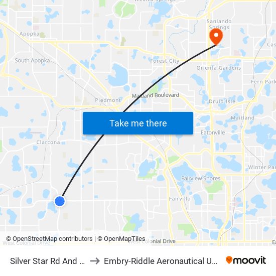 Silver Star Rd And N Apopka Vineland Rd to Embry-Riddle Aeronautical University (Metro Orlando Campus) map
