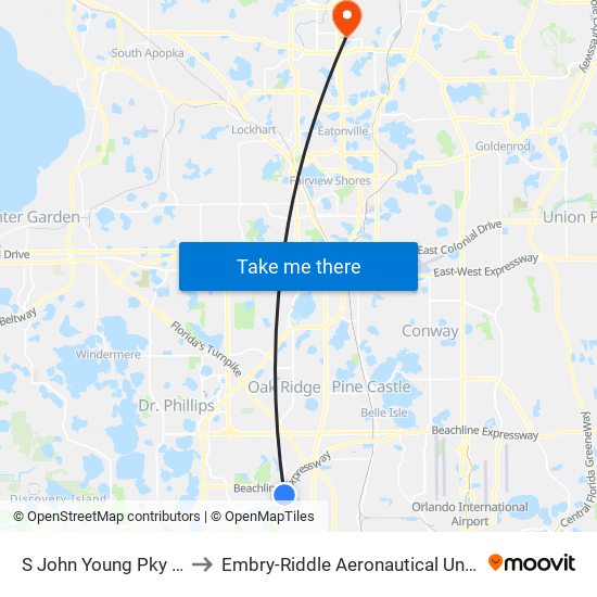 S John Young Pky And Taft Vineland Rd to Embry-Riddle Aeronautical University (Metro Orlando Campus) map