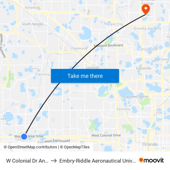 W Colonial Dr And Citrus Oaks Ave to Embry-Riddle Aeronautical University (Metro Orlando Campus) map