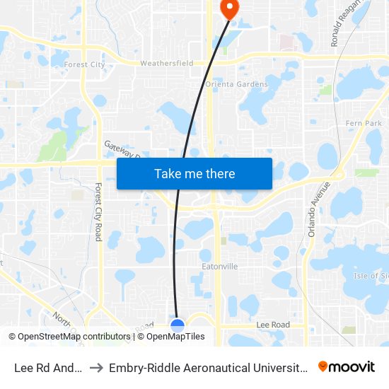Lee Rd And Palace Ct to Embry-Riddle Aeronautical University (Metro Orlando Campus) map