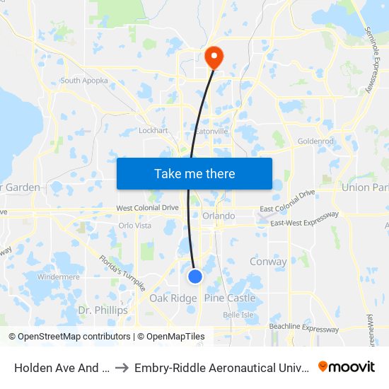 Holden Ave And S Rio Grande Ave to Embry-Riddle Aeronautical University (Metro Orlando Campus) map