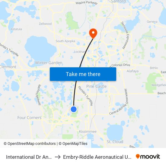 International Dr And Kingstown Reef Blvd to Embry-Riddle Aeronautical University (Metro Orlando Campus) map