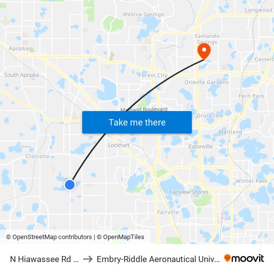 N Hiawassee Rd And Coral Cove Dr to Embry-Riddle Aeronautical University (Metro Orlando Campus) map