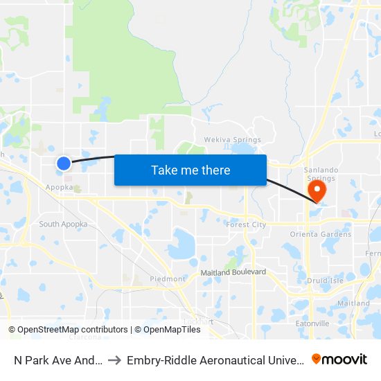 N Park Ave And Lake Mccoy Dr to Embry-Riddle Aeronautical University (Metro Orlando Campus) map