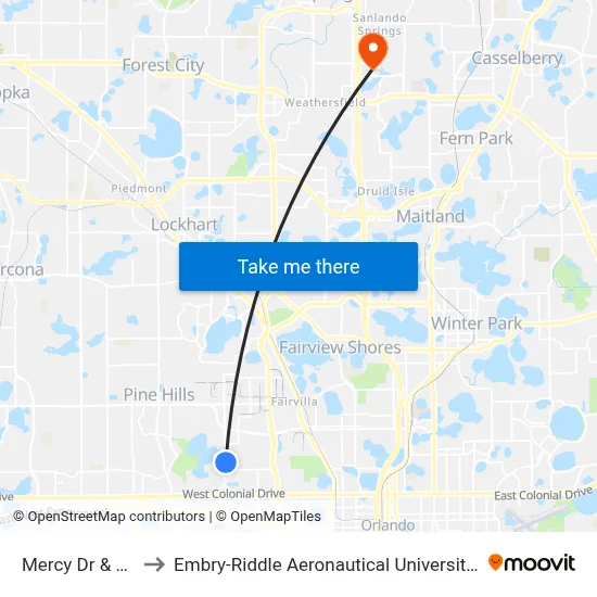 Mercy Dr & Colony Way to Embry-Riddle Aeronautical University (Metro Orlando Campus) map