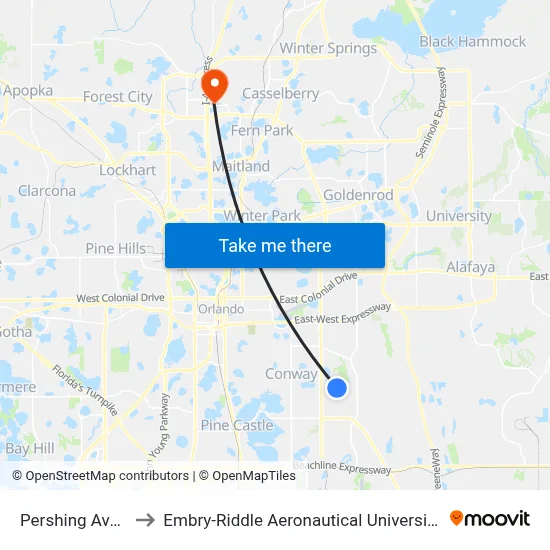 Pershing Ave & Lingo Ln to Embry-Riddle Aeronautical University (Metro Orlando Campus) map