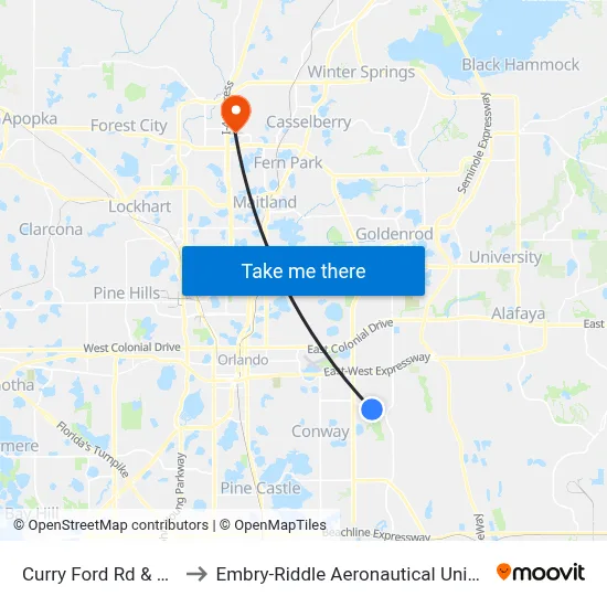 Curry Ford Rd & Camellia Garden Dr to Embry-Riddle Aeronautical University (Metro Orlando Campus) map