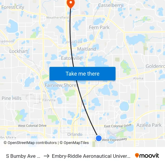S Bumby Ave & E Church St to Embry-Riddle Aeronautical University (Metro Orlando Campus) map