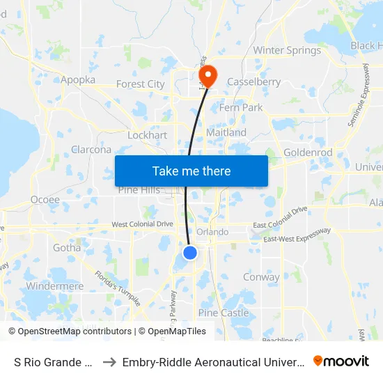 S Rio Grande Ave & Acme St to Embry-Riddle Aeronautical University (Metro Orlando Campus) map
