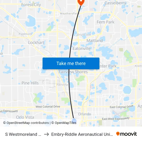 S Westmoreland Dr & W Anderson St to Embry-Riddle Aeronautical University (Metro Orlando Campus) map