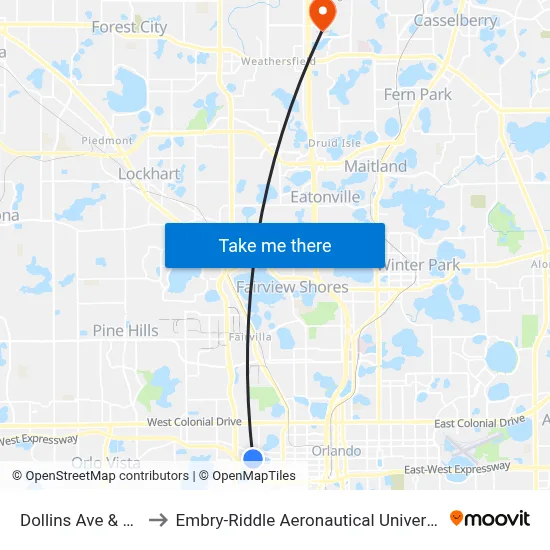Dollins Ave & W Central Blvd to Embry-Riddle Aeronautical University (Metro Orlando Campus) map