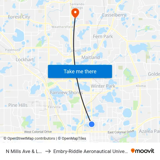 N Mills Ave & Lake Highland Dr to Embry-Riddle Aeronautical University (Metro Orlando Campus) map