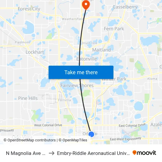 N Magnolia Ave & E Washington St to Embry-Riddle Aeronautical University (Metro Orlando Campus) map