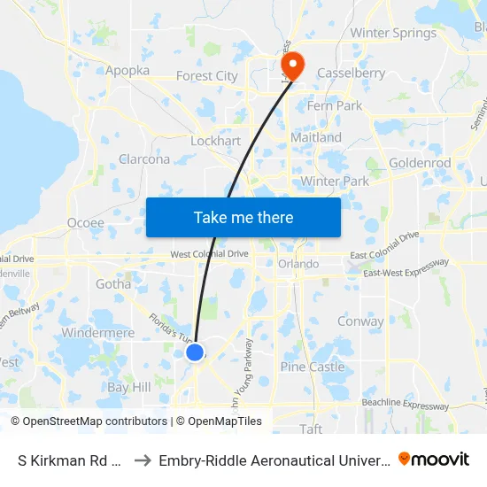 S Kirkman Rd & Windhover Dr to Embry-Riddle Aeronautical University (Metro Orlando Campus) map
